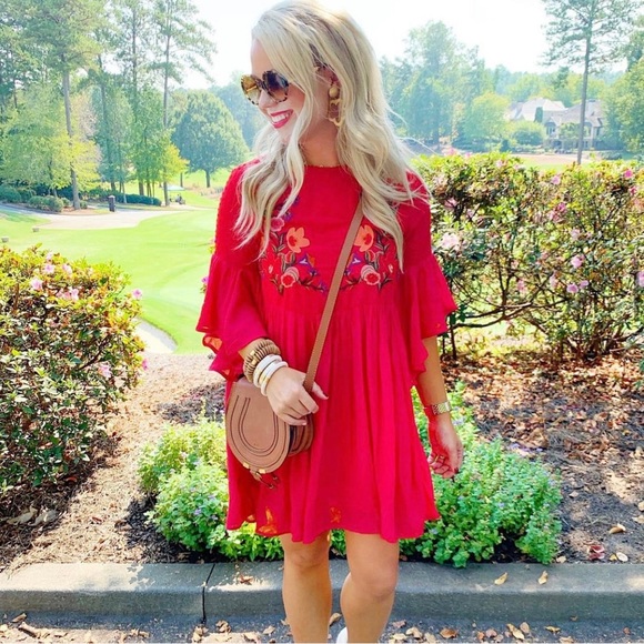 Umgee Dresses & Skirts - Red Umgee Embroidered Flower Boho Baby Doll Dress with Ruffled Bell Sleeves